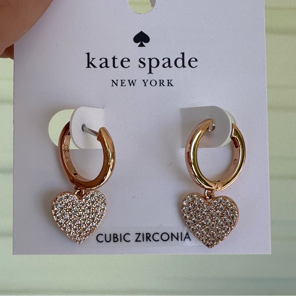 Kate Spade NWT Yours Truly Pave Heart Drop Earrings Rose Gold - Picture 3 of 8